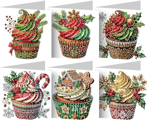 jinglinhh 6pcs Diamond Art Painting Christmas Cream Cupcakes Greeting Cards with Envelopes, DIY Card Making Kits for Adults, Diamond Art Postcards Christmas Cards Craft Gifts by Unknown