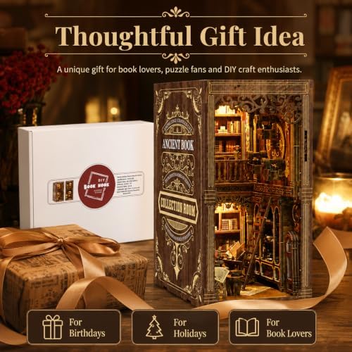 Book Nook Kit for Adults, DIY Wooden Bookshelf Insert with LED Light, Miniature House Puzzle, Vintage Shelf Decor, Gift for Book Lovers - Image 3
