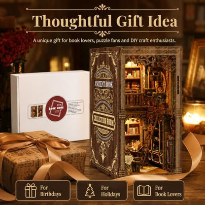 Book Nook Kit for Adults, DIY Wooden Bookshelf Insert with LED Light, Miniature House Puzzle, Vintage Shelf Decor, Gift for Book Lovers - Image 3