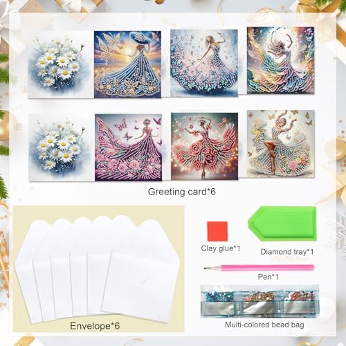 antor 6 Pcs 5D Diamond Painting Greeting Cards Kits, Elegant Lady DIY Diamond Art Cards with Envelopes, Handmade Rhinestone Greeting Card Set for Birthdays & Holidays - Image 3