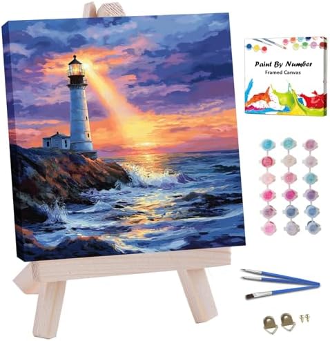 JUJUHOOD Sunset Lighthous Framed Paint by Numbers Kit for Adults Beginner & Kids Ages 8-12,Seaside Paint by Number Without Easel,Paint by Numbers for Gift Home Wall Decor (10x10Inch) by JUJUHOODDirect