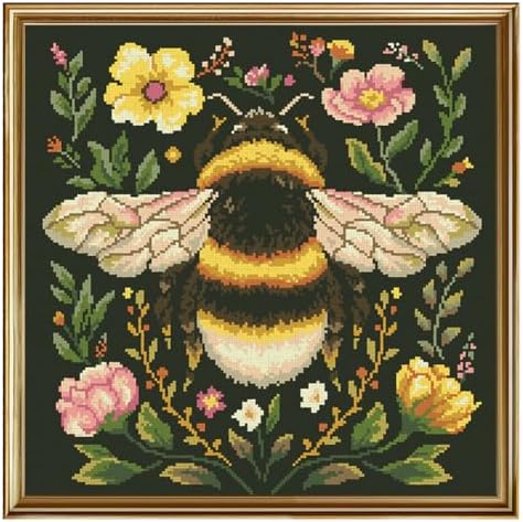 FREEBLOSS 11CT Stamped Cross Stitch Kit for Adults Beginners with Instructions Bees and Floral Pattern Cross Stitch Wall Hanging Kit Embroidery Wall Art Decoration No Frame 18x18in by FreeandCreativeCraftsArt