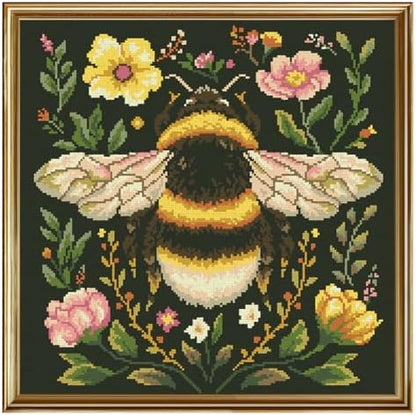 FREEBLOSS 11CT Stamped Cross Stitch Kit for Adults Beginners with Instructions Bees and Floral Pattern Cross Stitch Wall Hanging Kit Embroidery Wall Art Decoration No Frame 18x18in by FreeandCreativeCraftsArt
