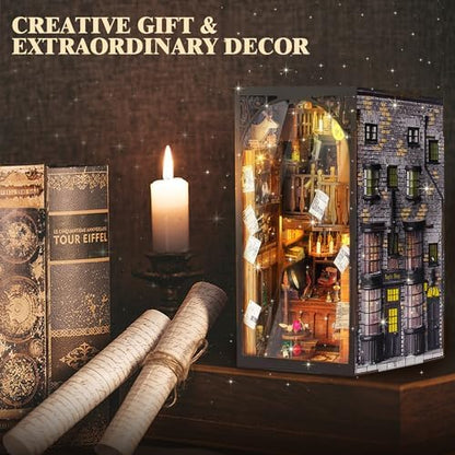 DIY Book Nook Kit, 3D Wooden Puzzle Miniature Booknook Bookend Bookshelf Decor with LED Light, Dust Cover, Book Nook Kits for Adults Teen Ideas - Image 5