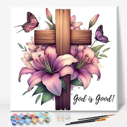 Camocin Framed Paint by Numbers Kit for Adults Beginner - Religious Cross and Lily Paint by Number Canvas with Frame, Faith DIY Acrylic Painting Kit for Christian Home Wall Decor 12x12 Inch by CamocinDIYKit