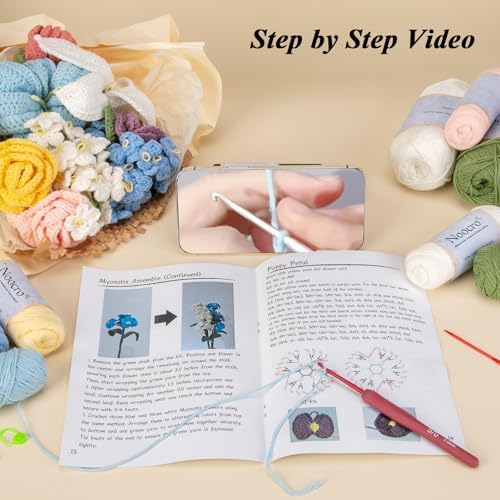 Noocro Crochet Kit Flower Bouquet, Rose, Lily Myosotis, Poppy, Tulip and Orchid with Video Tutorial and Detailed Instructions, Complete Kit Craft Supplies Holiday Gift (Flower Bouquet) - Image 5