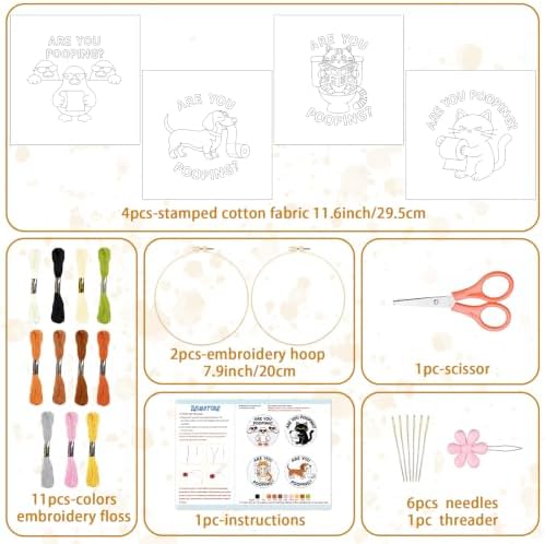 BEUNITONE 4 Pack Beginner Embroidery Kit for Adults, Funny Animal Pre-Stamped Pattern Needlepoint Kits with Hoop, Tools & Instruction, 7.9"x7.9" Hand Embroidery Kits for Fabric and Home Decor - Image 2
