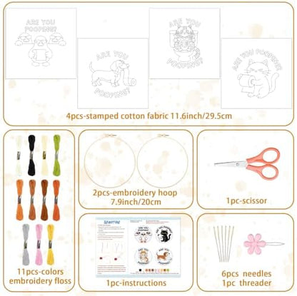 BEUNITONE 4 Pack Beginner Embroidery Kit for Adults, Funny Animal Pre-Stamped Pattern Needlepoint Kits with Hoop, Tools & Instruction, 7.9"x7.9" Hand Embroidery Kits for Fabric and Home Decor - Image 2