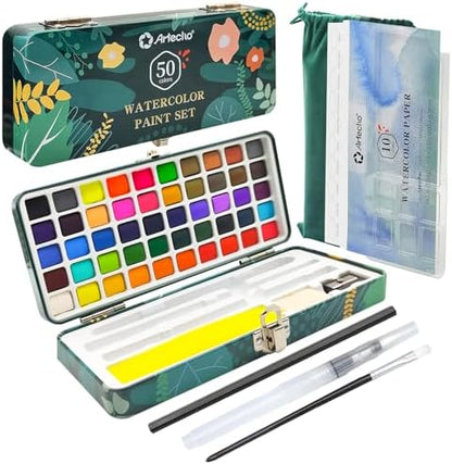 Artecho 50-Color Watercolor Paint Set, Compact Travel Tin Case by Artecho