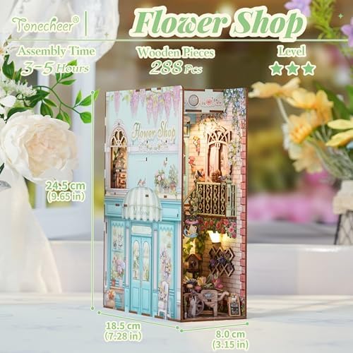 Tonecheer DIY Book Nook Kit for Adults, Booknook Wooden 3D Puzzle Bookend Miniature House Kit, Fantasy Bookshelf Decor with Sensor LED Light Gifts for Birthday Valentine's Day (Flower Shop) - Image 3