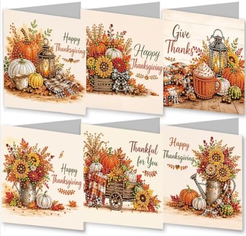 BAYUNOE 6Pcs Thanksgiving Greeting Card DIY Diamond Art Painting Greeting Cards Special Shaped Diamond Autumn Blessing Folding Card Kit Arts Crafts for Birthday Festival-Thanksgiving by BAYUNOESparkDiamondCraft