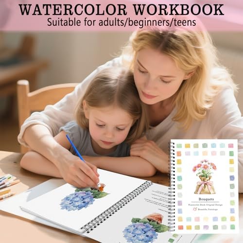 SLWBZ Watercolor Workbook Bouquets, 15 Different Patterns of Original DIY Designs, Beginner-Friendly Watercolor Workbooks, (Bouquets, Without Palette) - Image 4