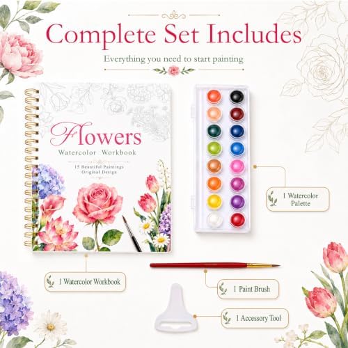 Watercolor Workbook for Beginners, 15 Beautiful Flower Water Coloring Book, Includes 24 Water Colors Workbooks Paint Set, Relaxing Art Projects and Creative Gift for Adults & Teen - Image 2