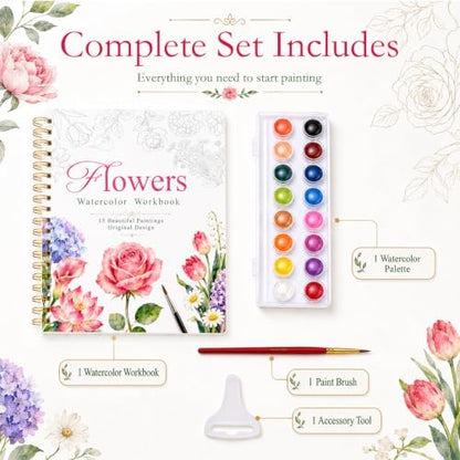 Watercolor Workbook for Beginners, 15 Beautiful Flower Water Coloring Book, Includes 24 Water Colors Workbooks Paint Set, Relaxing Art Projects and Creative Gift for Adults & Teen - Image 2