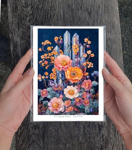 Decoupage Paper Pack (35 Sheets 6"x8") Crystal Bloom: Delicate Flowers and Luminous Quartz Crystals in Mystical Arrangements with Deep Hues and Ethereal Glow FLONZ Vintage - Image 3