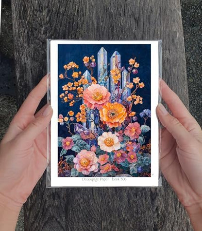 Decoupage Paper Pack (35 Sheets 6"x8") Crystal Bloom: Delicate Flowers and Luminous Quartz Crystals in Mystical Arrangements with Deep Hues and Ethereal Glow FLONZ Vintage - Image 3