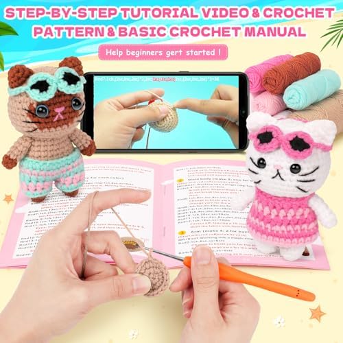 Fortuning's JDS Crochet Kit for Beginners, Couple Cat Crochet Kit for Beginners Adults Kids, Crochet Cat Kit with Step-by-Step Video Tutorials, Creative Handmade Crochet Gifts for Cat Lovers - Image 2