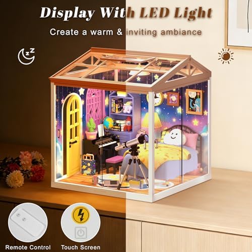 DIY Starry Night Wish Miniature House Kit with LED Light, Telescope & Piano, Roof & Dust Covers Sets, Tiny House Toys for Adults - Image 3