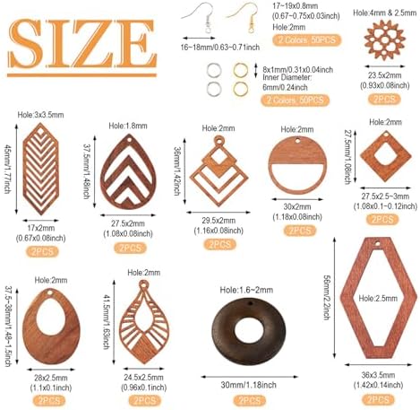 EEE ELECRELIVE 10 Pairs Wooden Dangle Earring Making Kit Wood Charms Teardrop Leaf Gear Rhombus Wooden Pendants with Earring Hooks Unfinished Wood Pendants for Bohemian Jewelry - Image 5