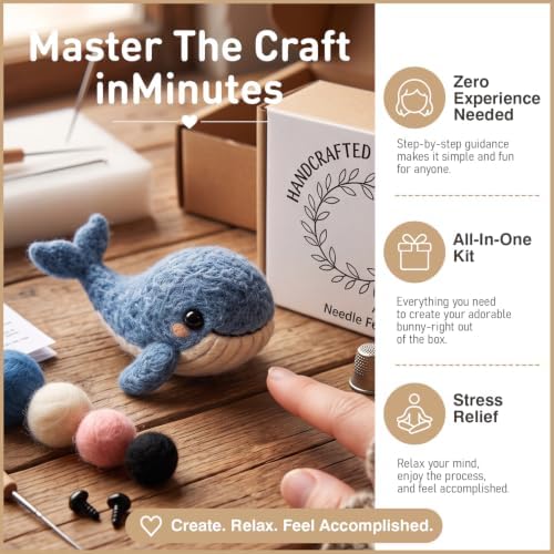 FACE N FACE DIY Needle Felting Kit Cute Blue Whale – Needle Felting Starter Kit with Fiber Roving, Needles, Felting Pad & Instructions | Felted Ocean Animal Kit for Beginners Adults | DIY Craft Gift - Image 3