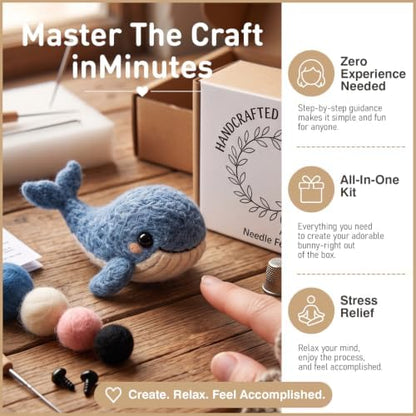 FACE N FACE DIY Needle Felting Kit Cute Blue Whale – Needle Felting Starter Kit with Fiber Roving, Needles, Felting Pad & Instructions | Felted Ocean Animal Kit for Beginners Adults | DIY Craft Gift - Image 3