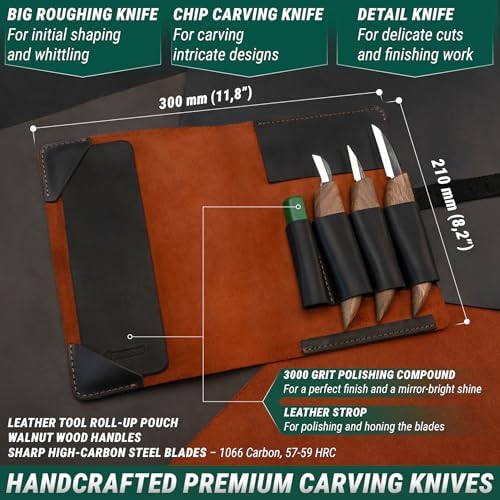 BeaverCraft Wood Carving Knife Set Deluxe S15X - Wood Carving Kit with Detail Chip Knife, Sloyd Roughing Whittling Knives & Leather Strop - Whittling Tools Set with Leather Case for Carvers - Image 4