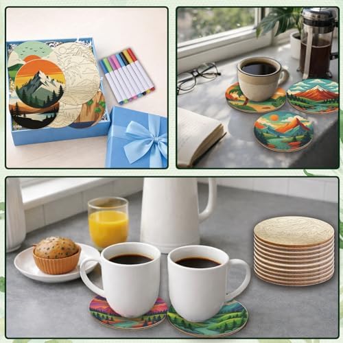 26PCS Wood Coasters Craft Kit 10 Paint You Own Coaster with 16 Markers Wooden Coasters Painting Set for Adults Beginners DIY Coaster Kit Landscape Painting Crafts Art Supplies(Landscape) - Image 7