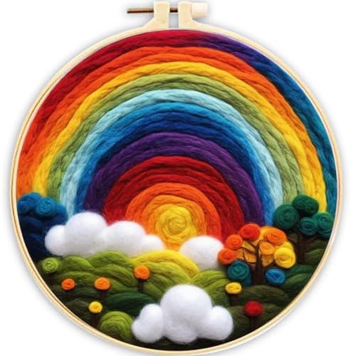 CaptainCrafts Needle Felting Kit, Wool Felt Supplies, Embroidery Hoops, Wool Painting Tools Needle Felting Starter Kit for DIY Decoration (Rainbow Clouds) by CaptainCrafts