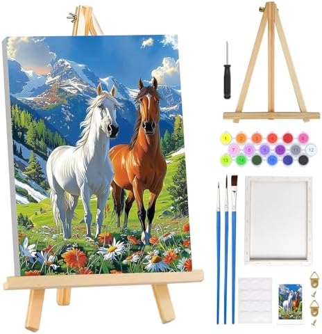 MOGTAA Paint by Numbers Kit for Adults with Frame, Horse Paint by Number Canvas, Mountains Paint by Numbers with Easel, DIY Flowers Scenery Oil Painting Kit for Home Wall Decor 8 x 12 Inch by MOGTAADIYHomeDecor