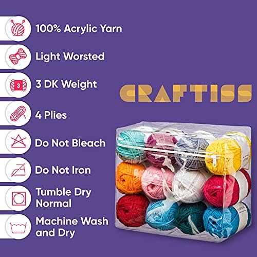 CRAFTISS 12x1.75 Oz Acrylic Yarn Skeins - 1300 Yards of Soft Yarn for Crocheting and Knitting Craft Project, Assorted Starter Crochet Bulk Kit for Adults and Kids - Image 4