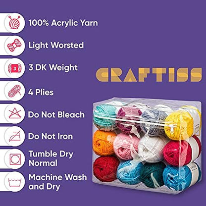 CRAFTISS 12x1.75 Oz Acrylic Yarn Skeins - 1300 Yards of Soft Yarn for Crocheting and Knitting Craft Project, Assorted Starter Crochet Bulk Kit for Adults and Kids - Image 4