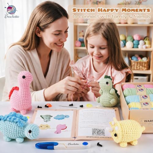 Crochetta Crochet Kit for Beginners, 4 PC Dinosaur Family (40%+ Yarn) - Image 2