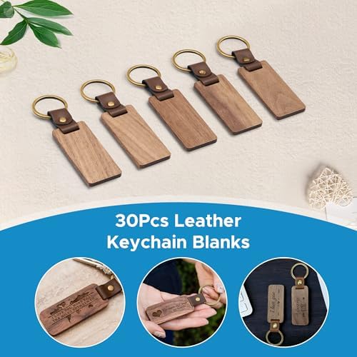 OMTech Wooden Keychain Blanks, Wood Key Chain Bulk, Unfinished Wooden Key Rings Key Tags for Laser Engraving DIY Craft Gift - Image 2