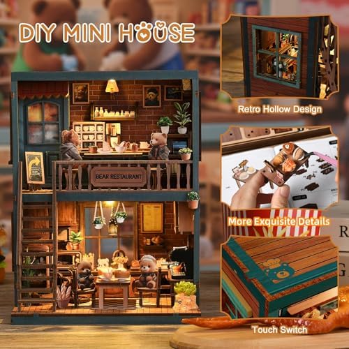 Book Nook Kit, DIY Miniature House Kit for Adult and Teens, 3D Wooden Puzzle Booknook Bookshelf Decor with LED Lights, Gift for Family, Friends, Age 14+ (Bear Restaurant) - Image 2
