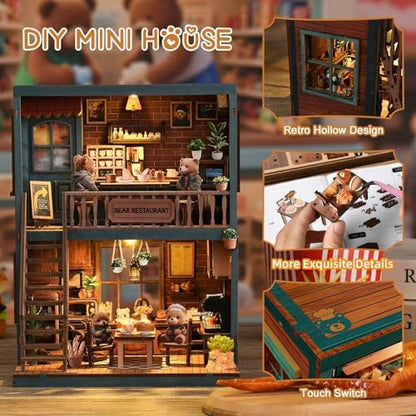 Book Nook Kit, DIY Miniature House Kit for Adult and Teens, 3D Wooden Puzzle Booknook Bookshelf Decor with LED Lights, Gift for Family, Friends, Age 14+ (Bear Restaurant) - Image 2