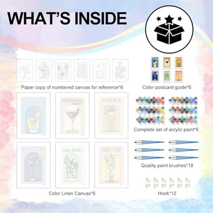 Yezavesu 6 Pack Paint by Numbers Kit for Adults Beginner 8x12 Inch, Cocktail Adult Paint by Number Kits on Canvas Without Frame, DIY Acrylic Cocktail Painting by Numbers for Home Wall Decor Gift - Image 4