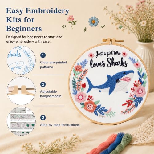 Louise Maelys Cartoon Shark Embroidery Kit for Beginners, DIY Stitching - Image 5