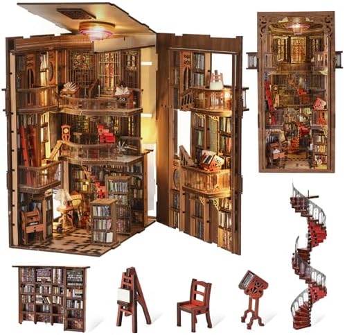 MiniCity Abbey Library Book Nook Kit, 3D Wooden Bookshelf Puzzle with LED by MiniCity