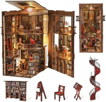 MiniCity Abbey Library Book Nook Kit, 3D Wooden Bookshelf Puzzle with LED by MiniCity