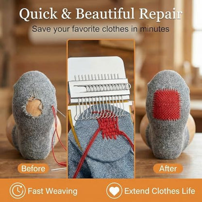 Mini Darning Loom Machine with Wood Darning Egg - 14 Hooks Speedweve Style Weaving Kit, 50 Colors Thread & 9 Large Eye Needles - Complete Sock Mending Kit for DIY Craft, Repairing Holes & Jeans - Image 5