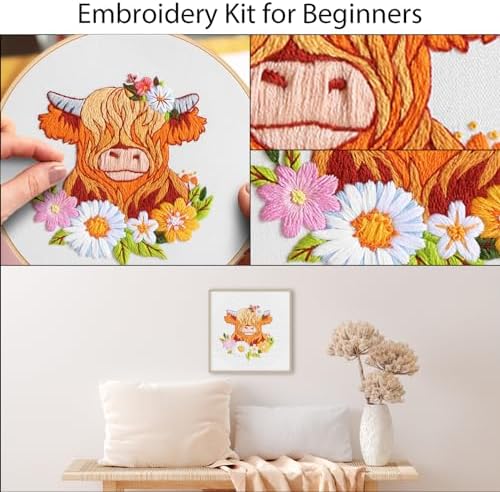 Louise Maelys Highland Cow Embroidery Kit for Beginners Floral DIY - Image 4