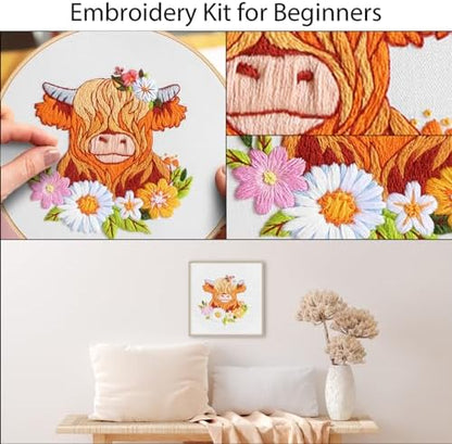 Louise Maelys Highland Cow Embroidery Kit for Beginners Floral DIY - Image 4