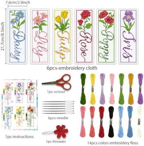 BEUNITONE 6 PCS Cross Stitch Bookmark Kit for Adults Beginners,Text and Flowers Pre-Printed Cross Stitch,DIY Stamped Embroidery Bookmark Kits,with Instructions,Craft Kit for Book Lovers 8.5''x3'' - Image 2