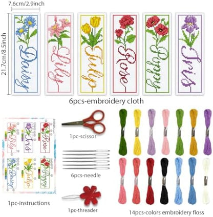 BEUNITONE 6 PCS Cross Stitch Bookmark Kit for Adults Beginners,Text and Flowers Pre-Printed Cross Stitch,DIY Stamped Embroidery Bookmark Kits,with Instructions,Craft Kit for Book Lovers 8.5''x3'' - Image 2