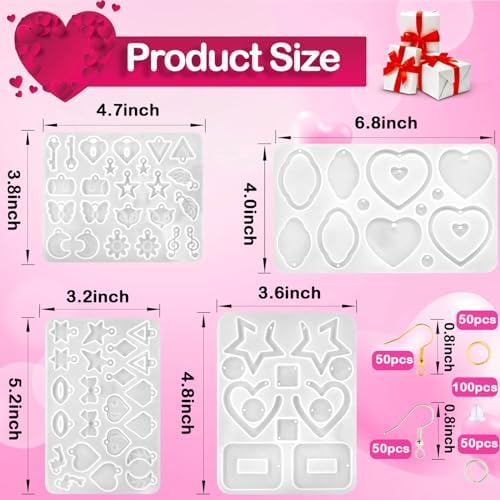 4Pack Valentine's Day Earring Resin Silicone Molds Kit, Love Heart Shape Resin Mold with200Pcs Earring Hook Jump Ring for Epoxy Resin Casting DIY Craft Earring Jewelry Making (4 Packs White) - Image 4