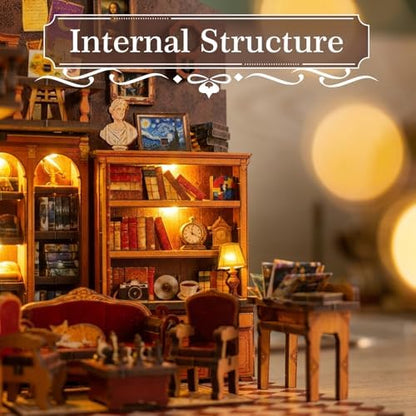Book Nook Kit – DIY Miniature House 3D Puzzle with LED, Time Bookstore Dollhouse Kit for Adults & Teens, 259-Piece Library Model for Bookshelf Decor, Gifts for Family Friends - Image 7