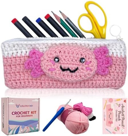 Axolotl Crochet Kit for Beginners, Learn to Crochet Pencil Bag Starter Set with Video Tutorial & Crocheting Manual, Easy Yarn Knitting Kit for Adult, DIY Amigurumi Birthday Xmas Gift Idea by LOLCROCHET