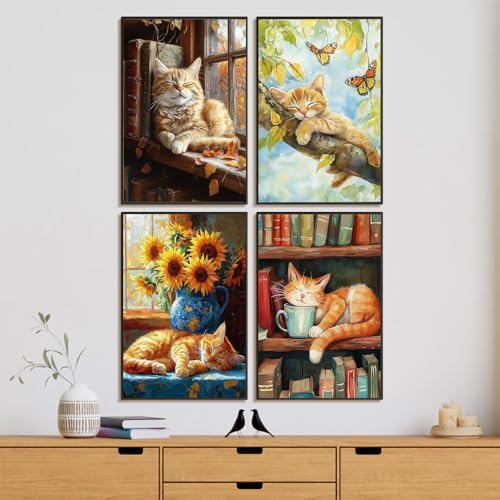 4 Pcs Framed Paint by Numbers Kit for Adults Sleeping Cat with Wooden Easel - Image 2
