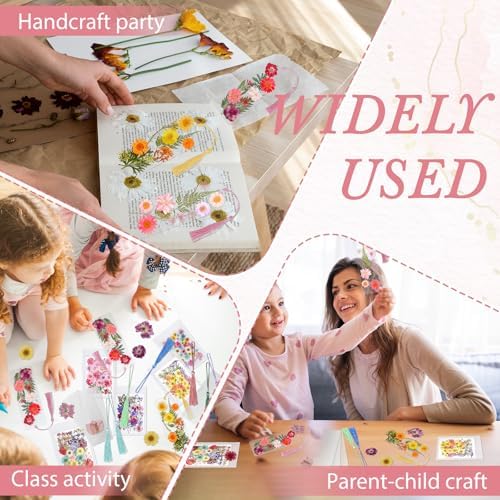 kmfosaat 344 Pcs Pressed Flower Bookmark Making Kit, 50 Laminating Pouches with 242 Dried Flowers, 50 Tassels, Tweezer and Punch, Party DIY Crafts Bookmark for Book Lovers - Image 6