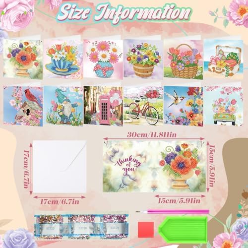 Saillong 12 Pack Flower Diamond Painting Greeting Card Kits DIY Pastel Floral Gnome Diamond Art Cards with Envelopes Flower 5d Rhinestones Paint Card for Adults DIY Craft Family Friend Birthday Gifts - Image 4